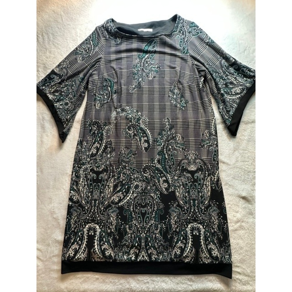 Studio One New York Paisley Plaid Bell Sleeve Dress Black Teal 1X S/71992WJP - 1
